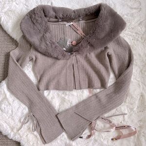 House of CB Fur Trim Knit Cashmere Crop Cardigan S - Camel / Dark Beige